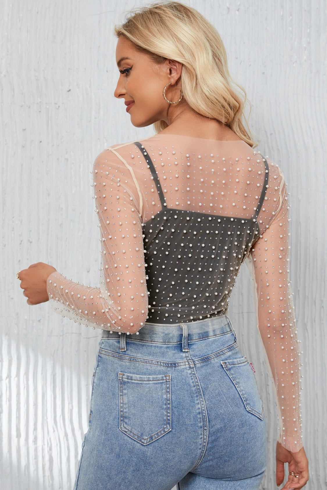 Pearl Long Sleeve Mesh Cropped Top - Premium Tops from Trendsi - Just $26! Shop now at noTORIous + co