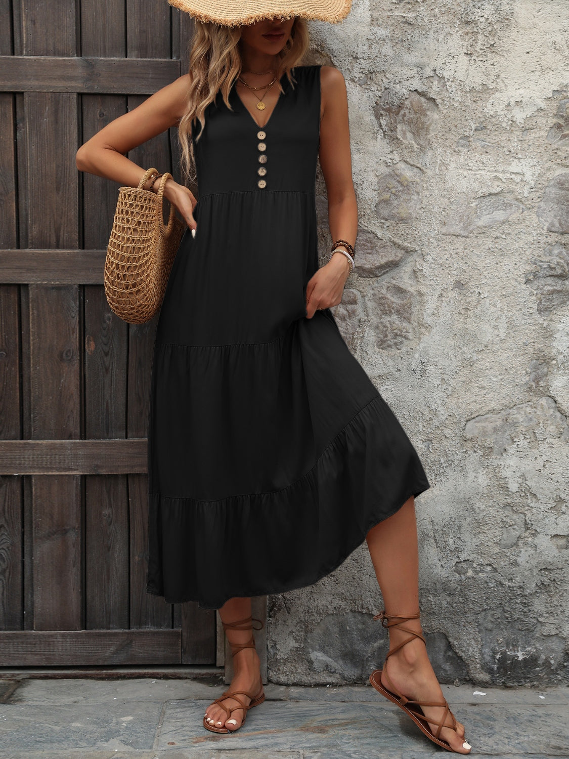 Decorative Button Notched Sleeveless Dress - Premium Dresses from Trendsi - Just $22! Shop now at noTORIous + co