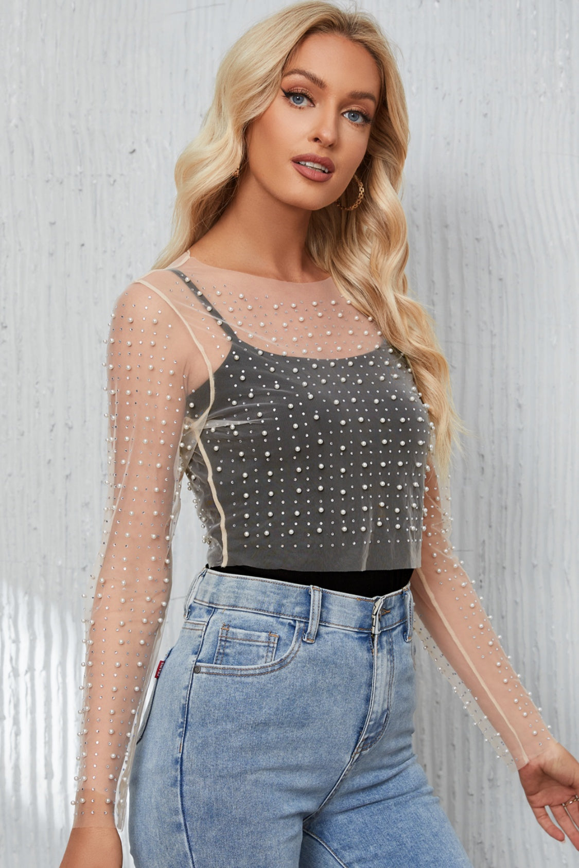 Pearl Long Sleeve Mesh Cropped Top - Premium Tops from Trendsi - Just $26! Shop now at noTORIous + co