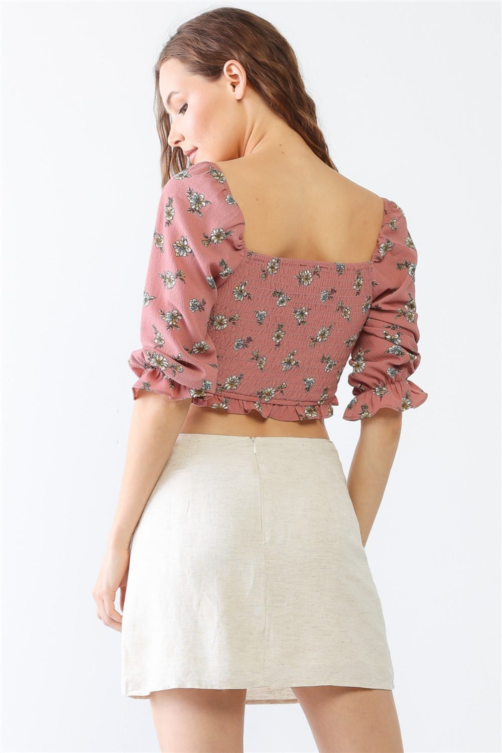 Tasha Apparel Floral Ruffle Smocked Back Ruched Crop Top - Premium  from Trendsi - Just $17! Shop now at noTORIous + co
