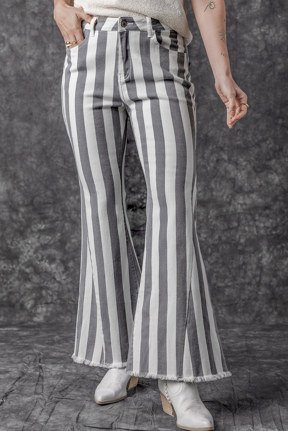 Raw Hem Star Applique Striped Jeans - Premium Jeans from Trendsi - Just $52! Shop now at noTORIous + co