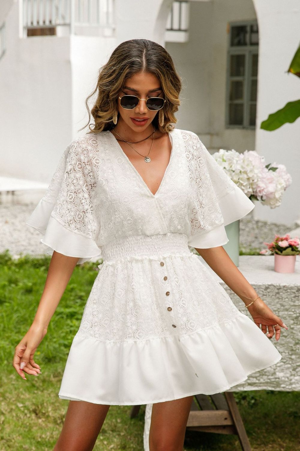 Lace Cutout Surplice Half Sleeve Dress - Premium Dresses from Trendsi - Just $27! Shop now at noTORIous + co