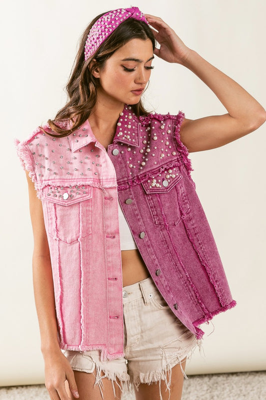 BiBi Pearl & Rhinestone  Decor Contrast Raw Hem Vest Coat - Premium Tops from Trendsi - Just $60! Shop now at noTORIous + co