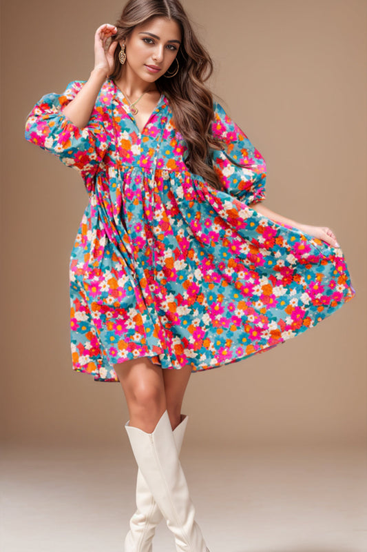 Floral Tie Neck Puff Sleeve Mini Dress - Premium Dresses from Trendsi - Just $26! Shop now at noTORIous + co