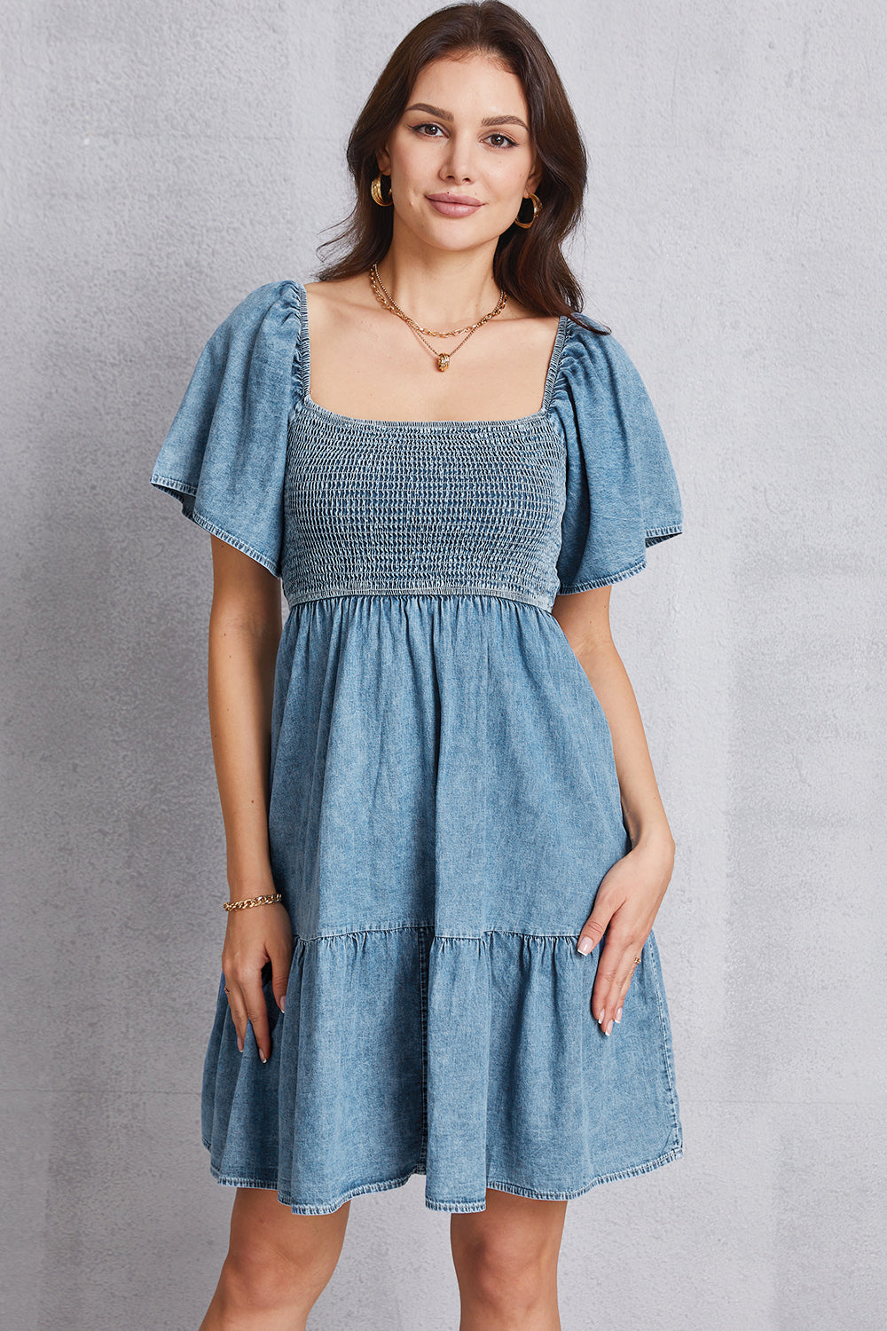 Smocked Square Neck Mini Denim Dress - Premium Dresses from Trendsi - Just $33! Shop now at noTORIous + co