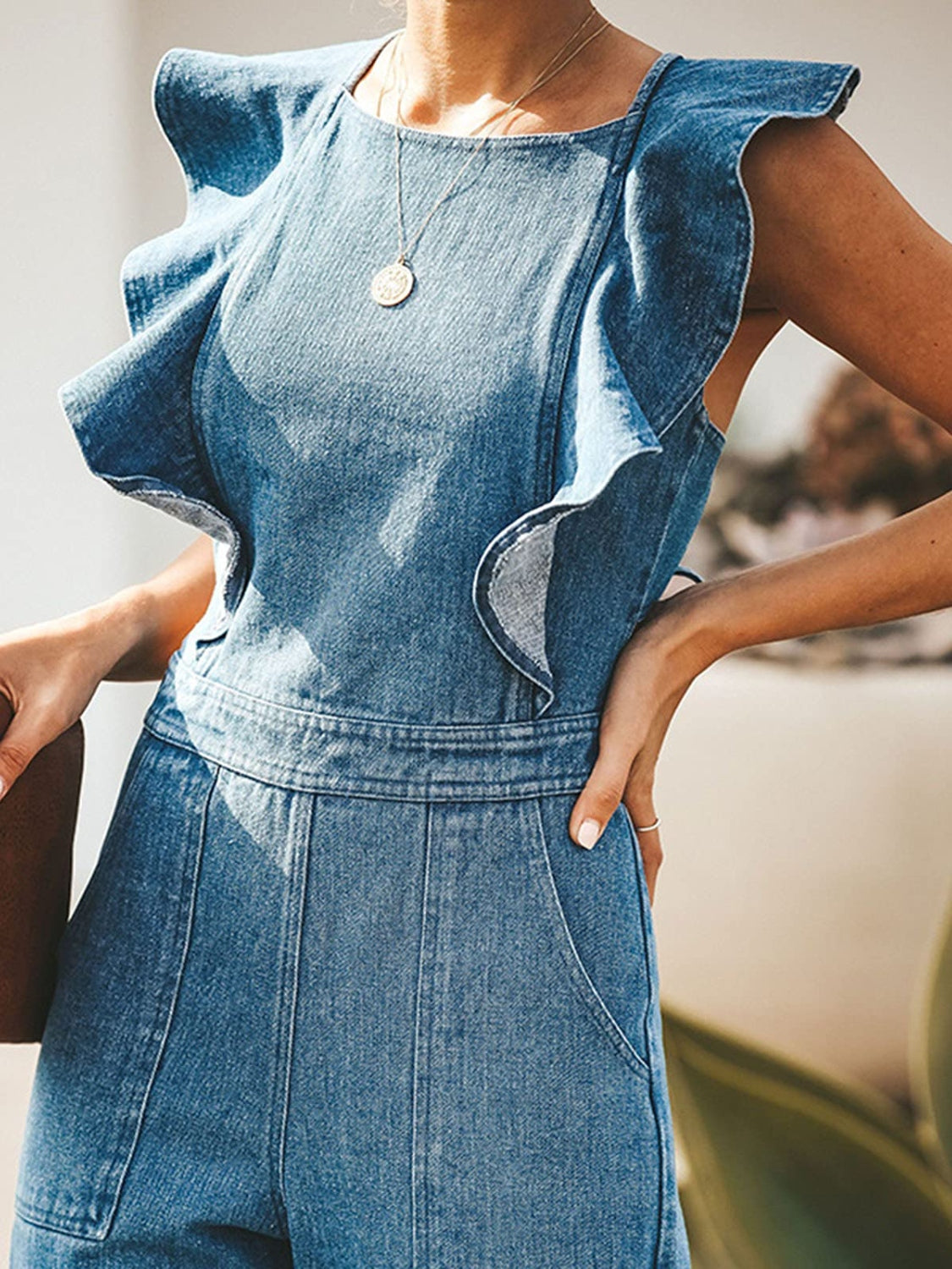 Ruffled Backless Sleeveless Denim Jumpsuit - Premium Jumpsuits from Trendsi - Just $45! Shop now at noTORIous + co