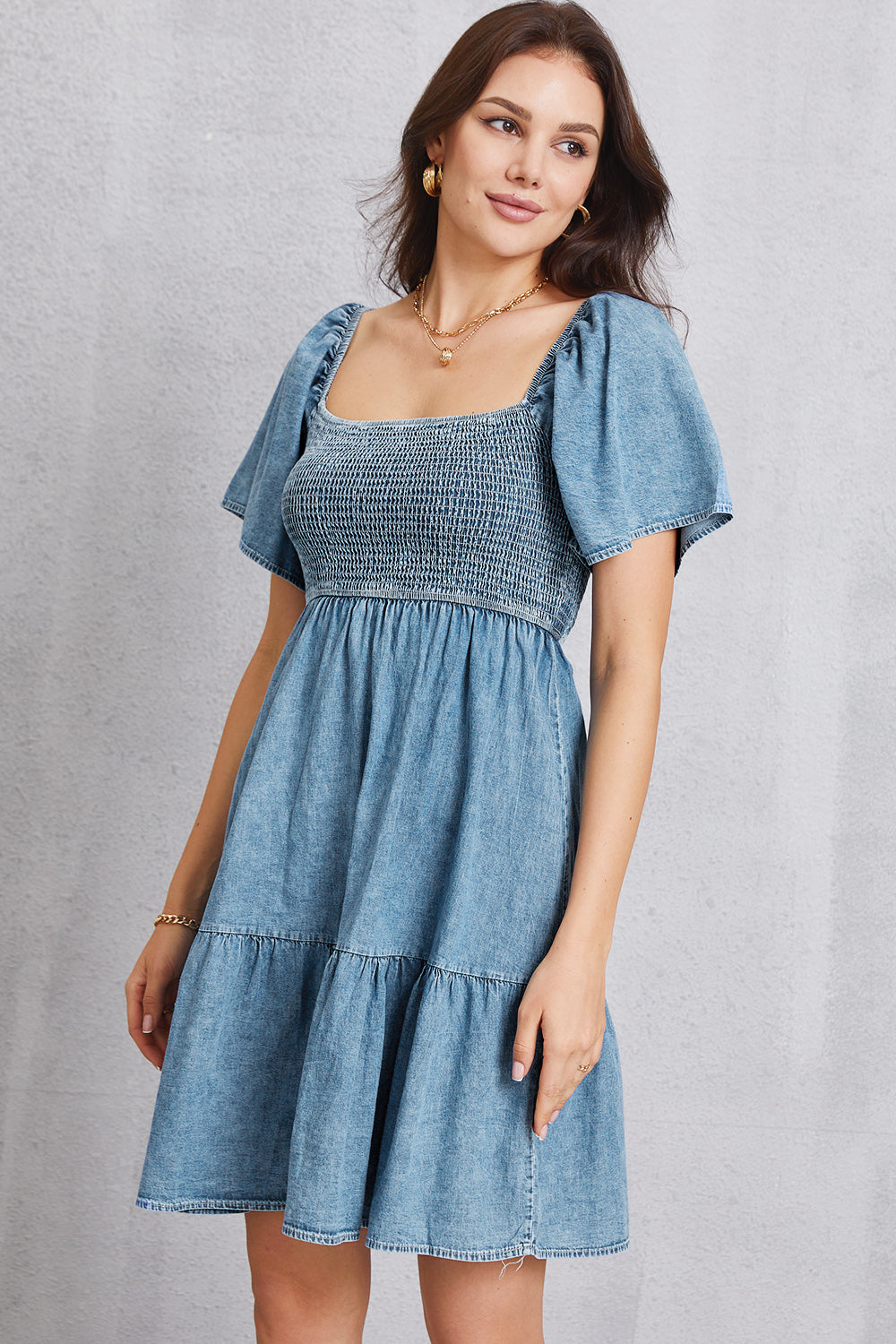 Smocked Square Neck Mini Denim Dress - Premium Dresses from Trendsi - Just $33! Shop now at noTORIous + co