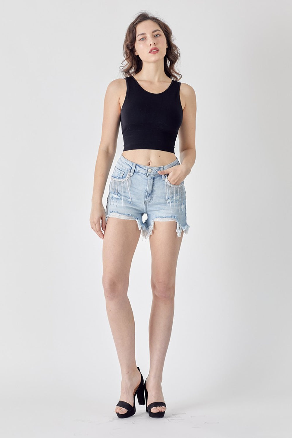 RISEN Frayed Hem Denim Shorts with Fringe Detail Pockets - Premium Shorts from Trendsi - Just $50! Shop now at noTORIous + co