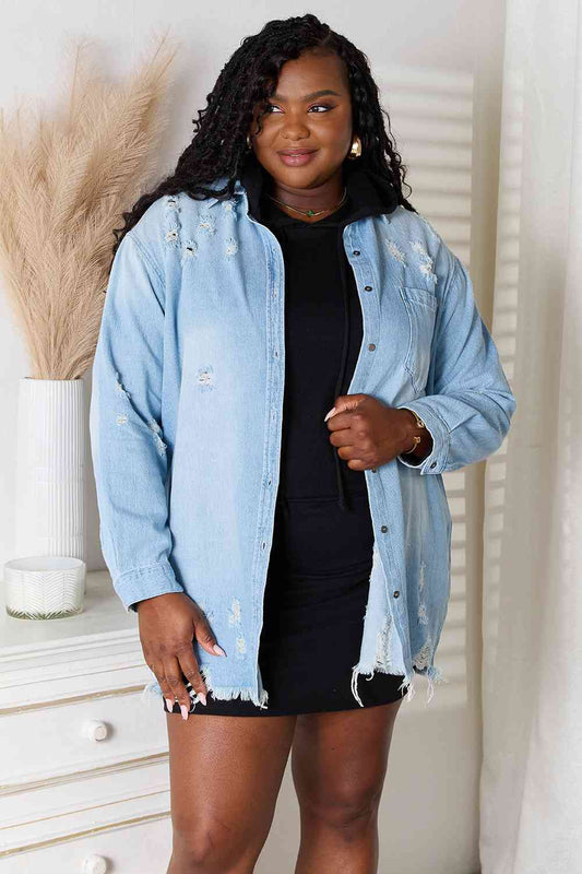 RISEN Full Size Distressed Raw Hem Denim Jacket - Premium  from Trendsi - Just $57! Shop now at noTORIous + co
