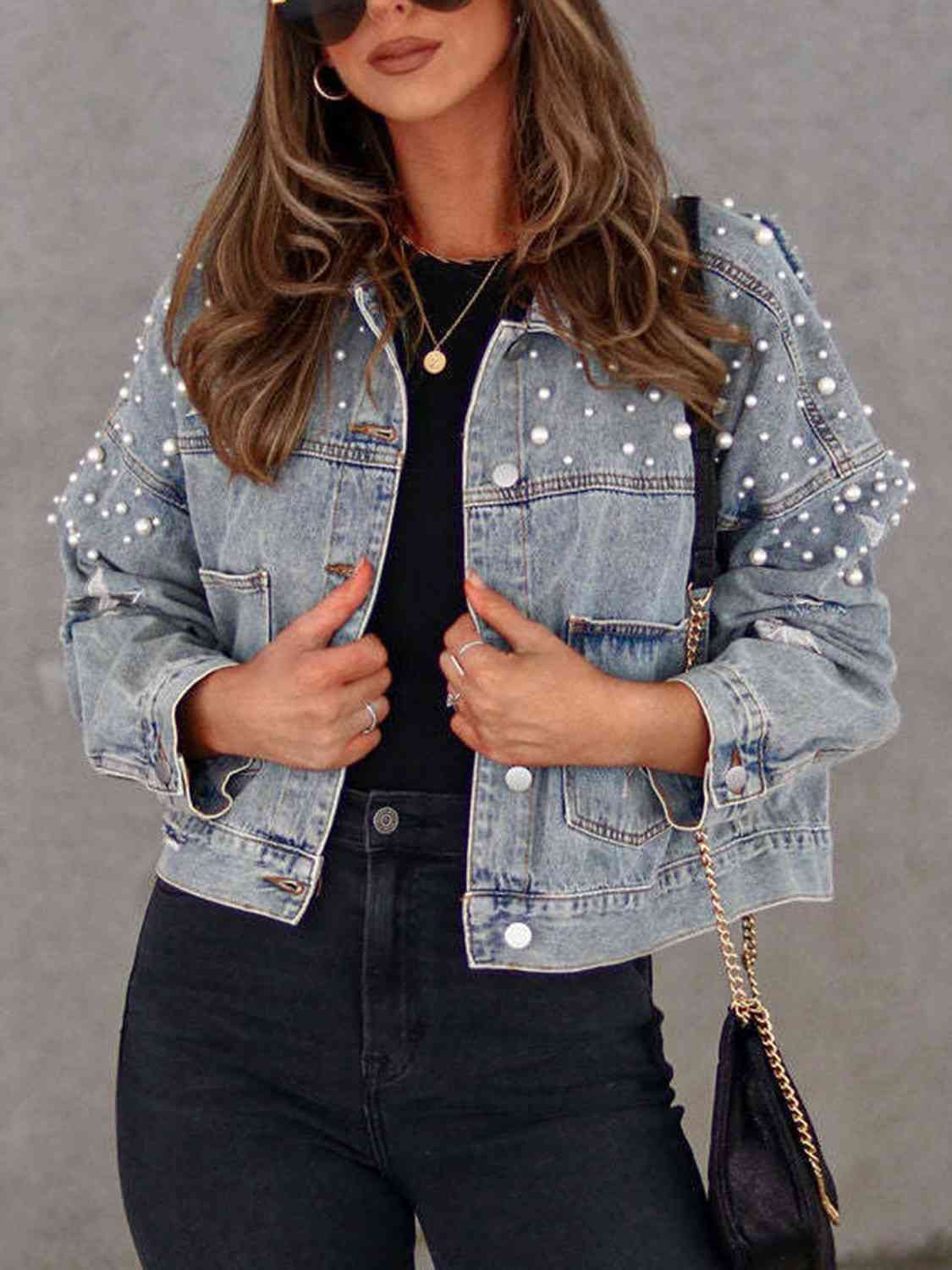 Pearl Trim Button Up Denim Jacket with Pockets - Premium Jacket from Trendsi - Just $58! Shop now at noTORIous + co