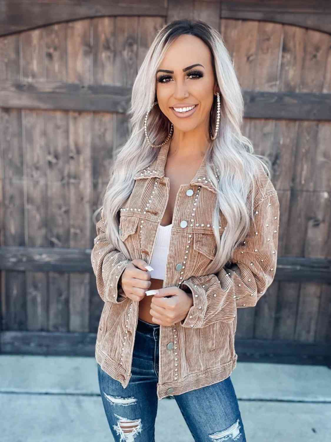 Studded Collared Neck Button Down Jacket - Premium Jacket from Trendsi - Just $45! Shop now at noTORIous + co