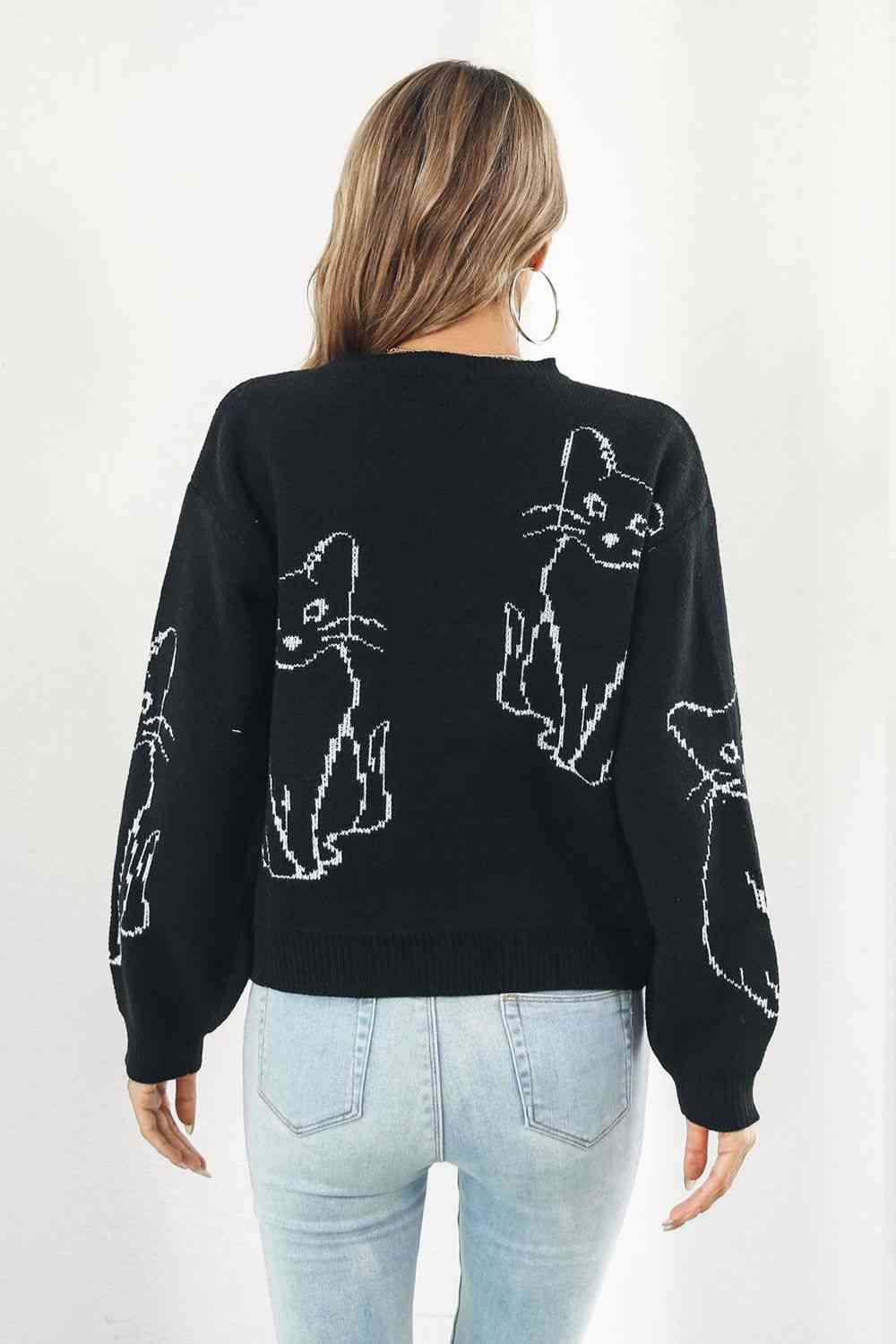 Cat Pattern Round Neck Long Sleeve Pullover Sweater - Premium  from Trendsi - Just $32! Shop now at noTORIous + co