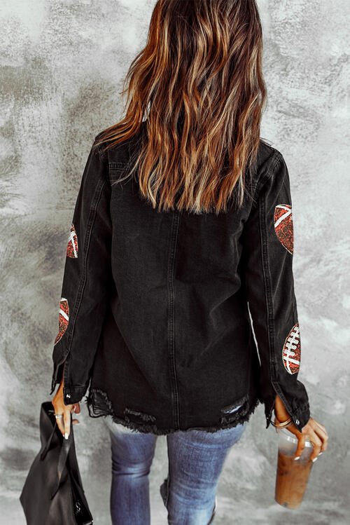 Sequin Football Patch Snap Down Distressed Jacket - Premium Jacket from Trendsi - Just $54! Shop now at noTORIous + co