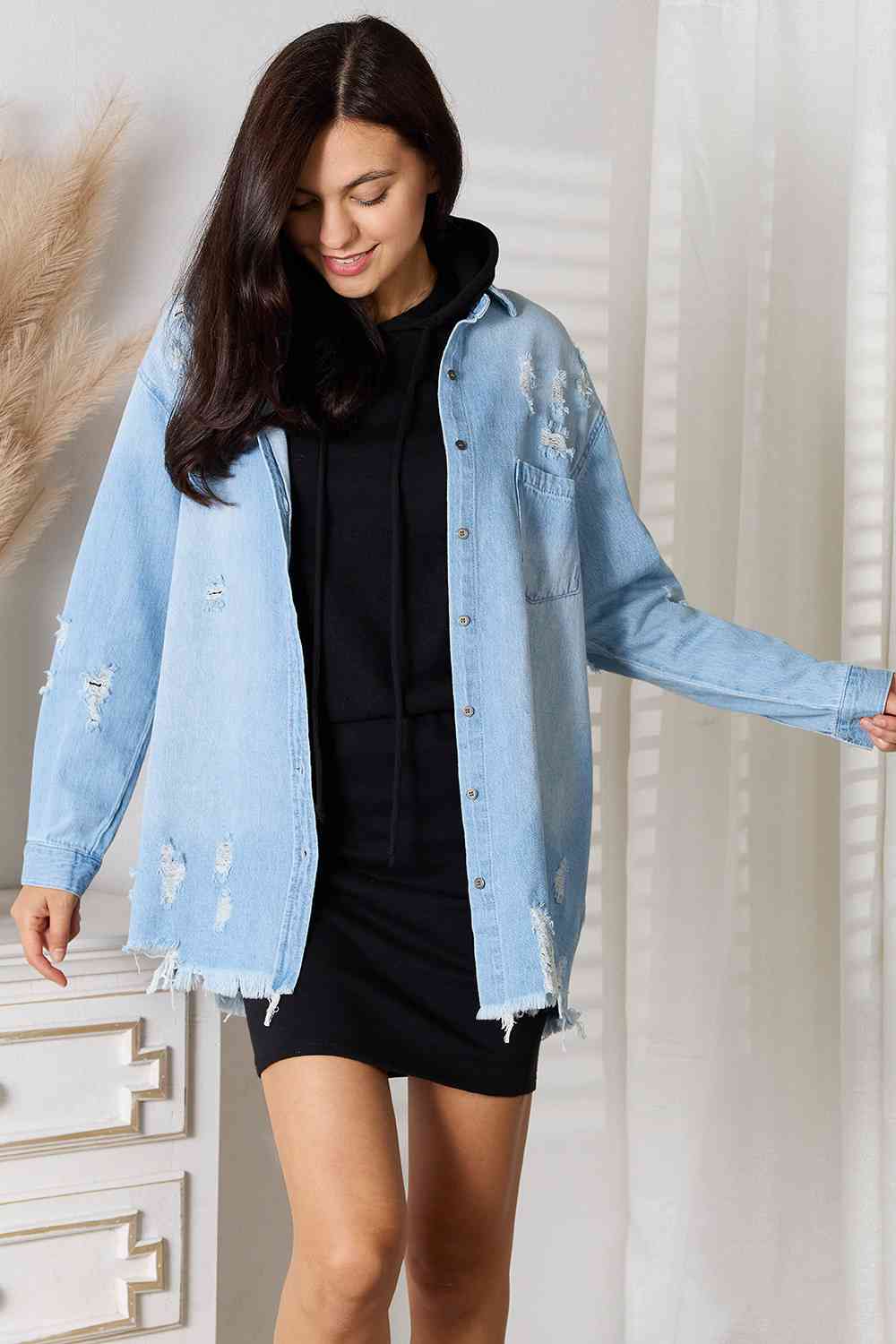 RISEN Full Size Distressed Raw Hem Denim Jacket - Premium  from Trendsi - Just $57! Shop now at noTORIous + co