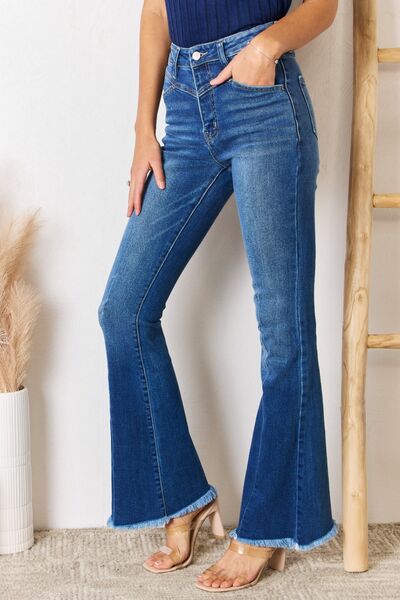 Kancan High Rise Raw Hem Flare Jeans - Premium Jeans from Trendsi - Just $49! Shop now at noTORIous + co