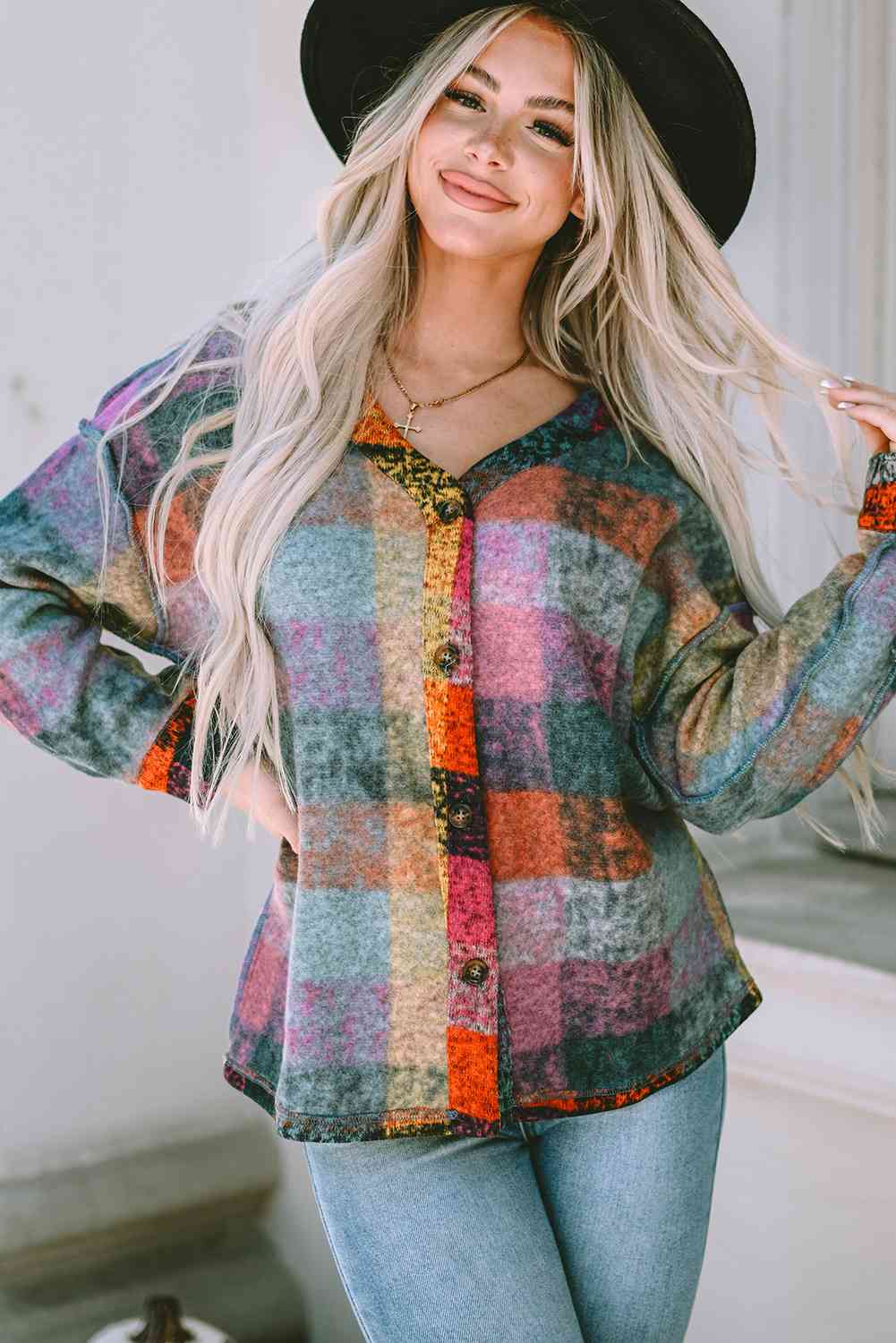 Plaid V-Neck Button Down Jacket - Premium Jacket from Trendsi - Just $27! Shop now at noTORIous + co