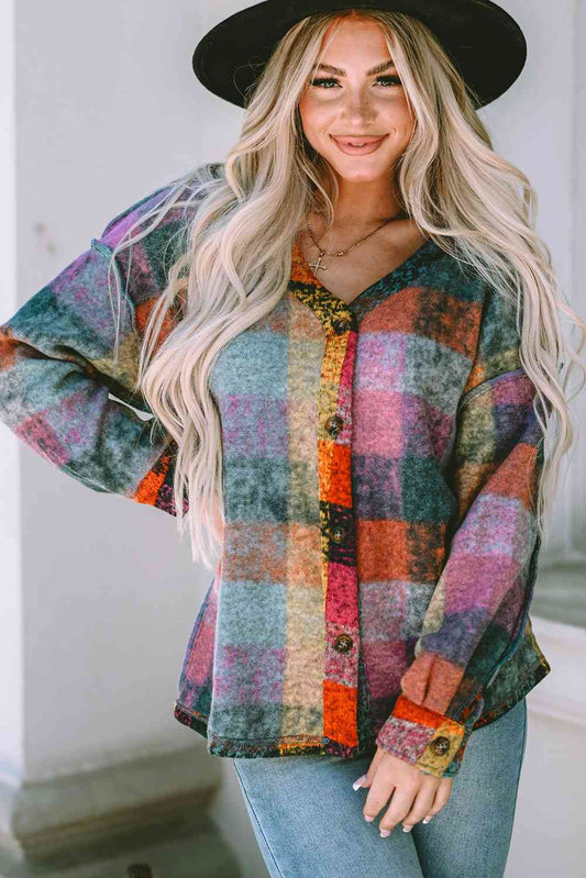 Plaid V-Neck Button Down Jacket - Premium Jacket from Trendsi - Just $27! Shop now at noTORIous + co