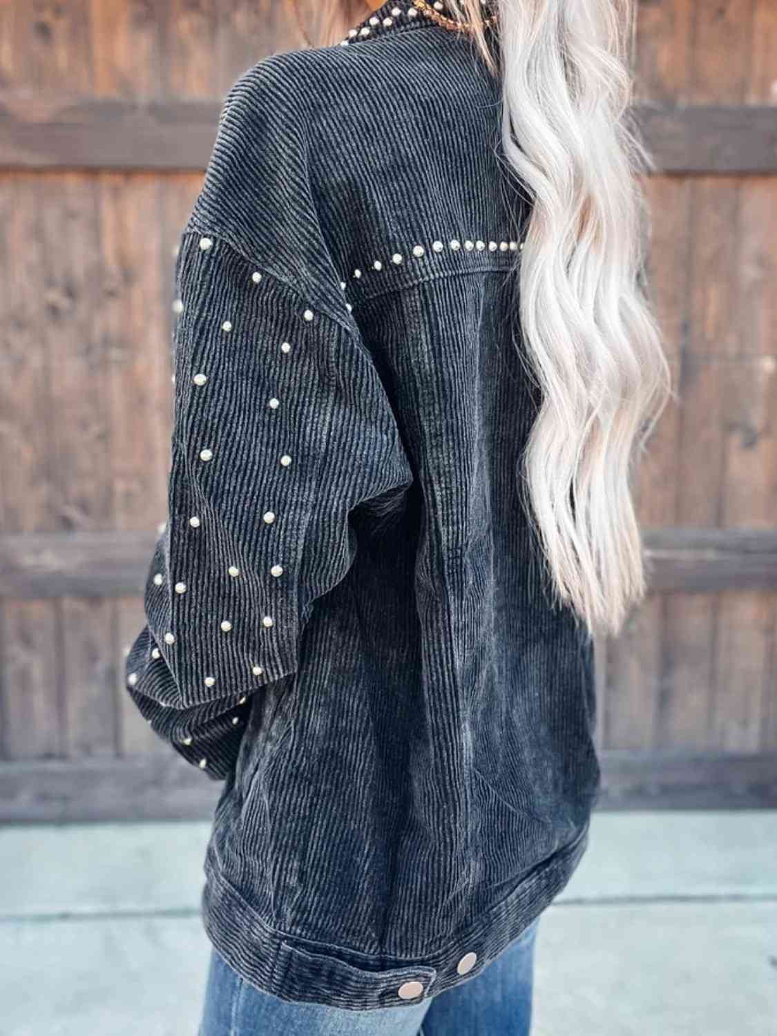 Studded Collared Neck Button Down Jacket - Premium Jacket from Trendsi - Just $45! Shop now at noTORIous + co