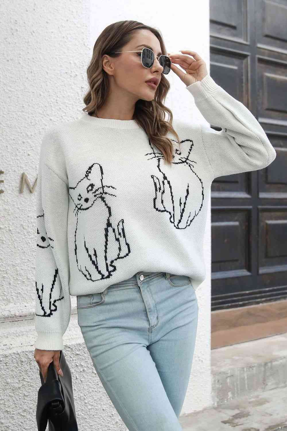 Cat Pattern Round Neck Long Sleeve Pullover Sweater - Premium  from Trendsi - Just $32! Shop now at noTORIous + co