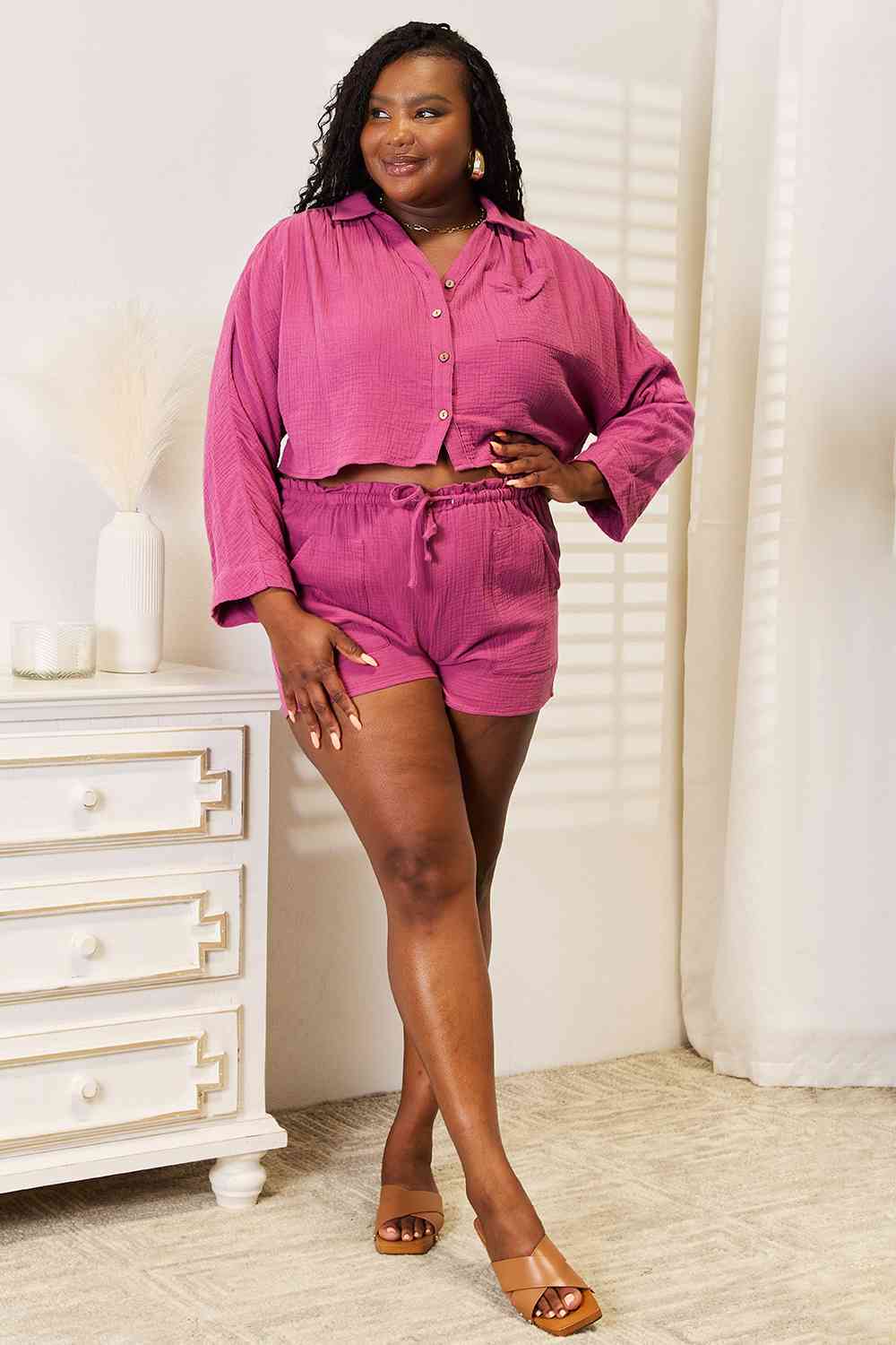 Basic Bae Buttoned Long Sleeve Top and Shorts Set - Premium  from Trendsi - Just $40! Shop now at noTORIous + co