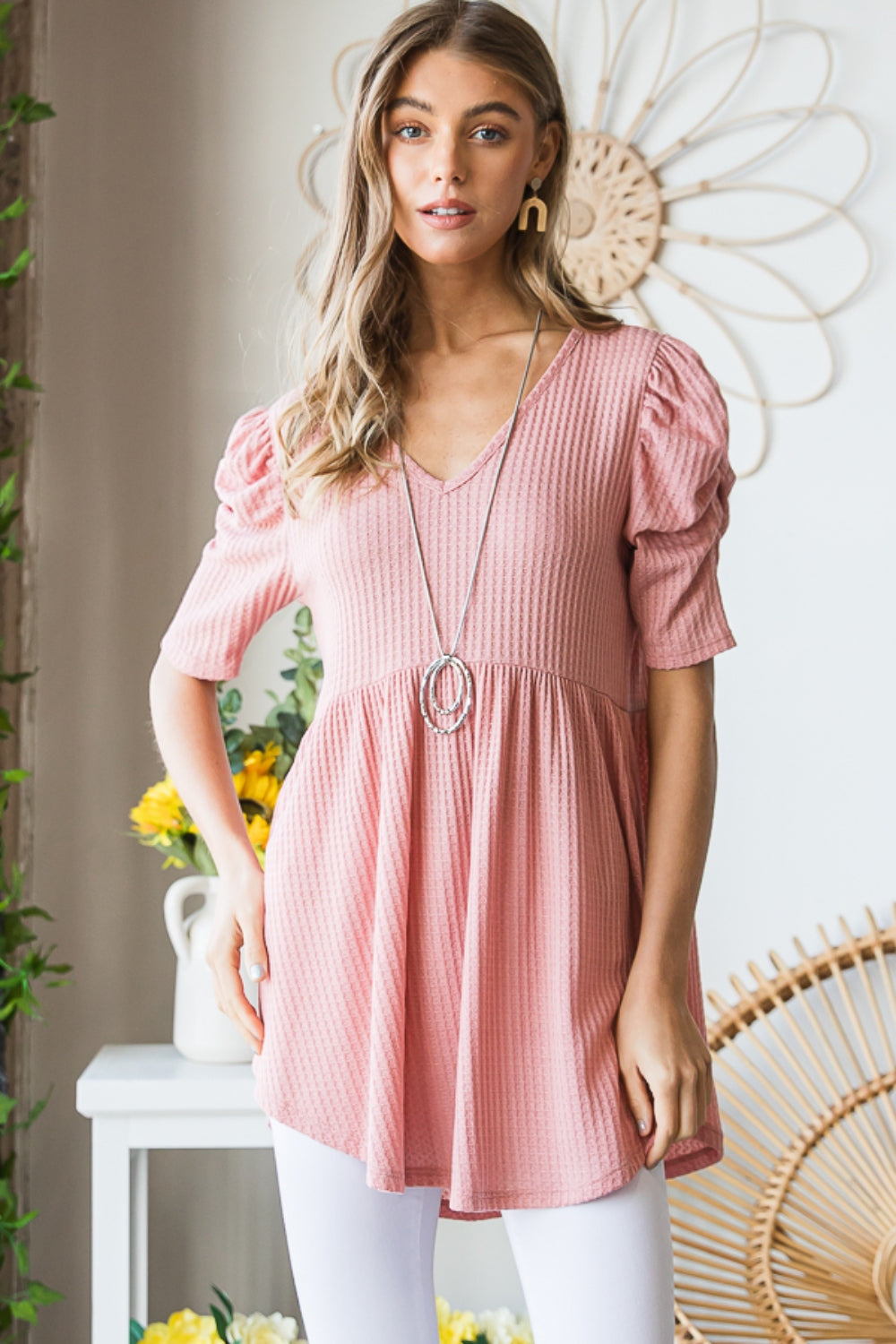 Heimish Full Size Waffle V-Neck Babydoll Top - Premium  from Trendsi - Just $33.18! Shop now at noTORIous + co