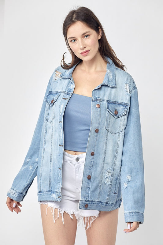 RISEN Full Size Distressed Long Sleeve Denim Jacket - Premium  from Trendsi - Just $61.70! Shop now at noTORIous + co