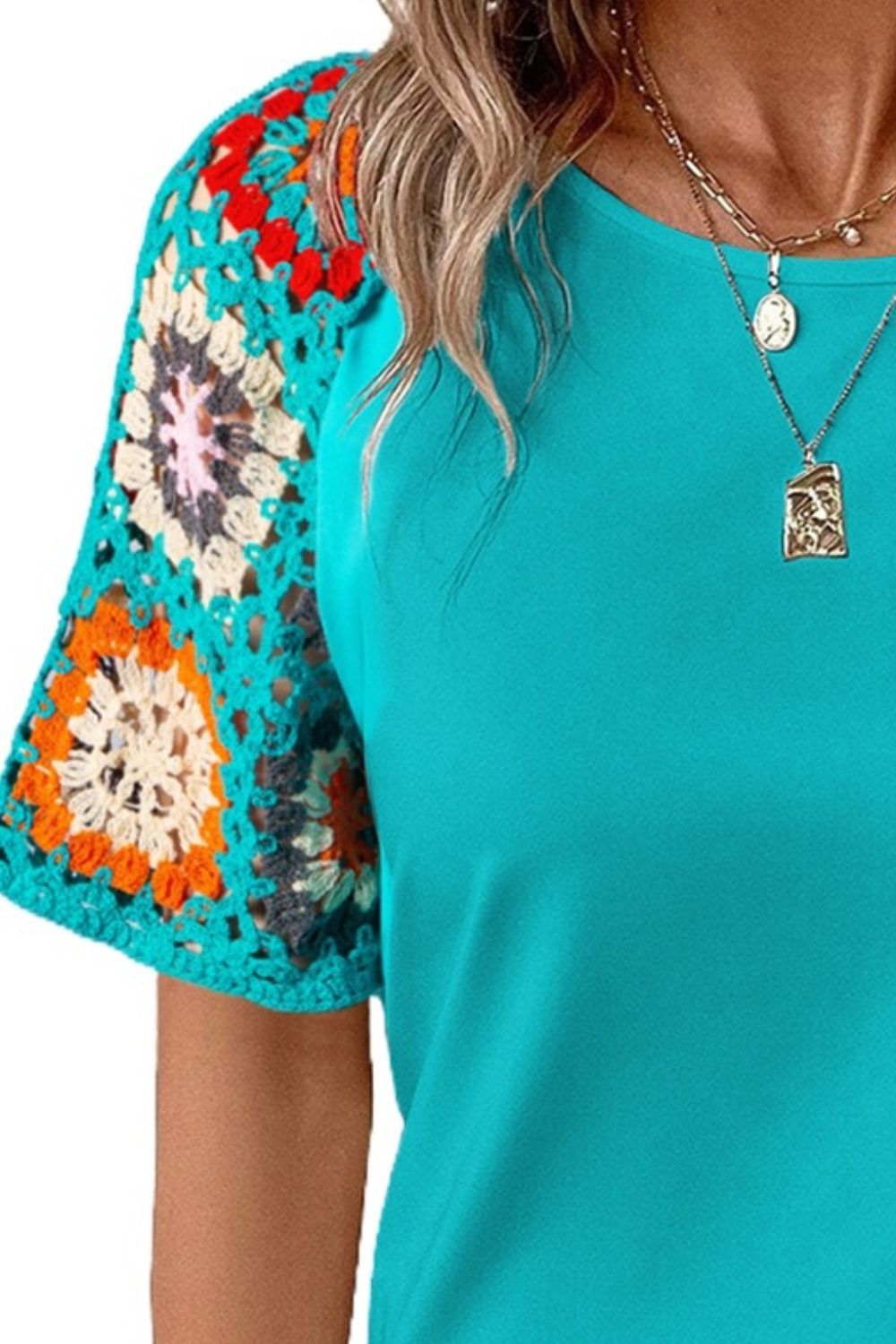 Geometric Round Neck Short Sleeve Blouse - Premium Tops from Trendsi - Just $24.38! Shop now at noTORIous + co