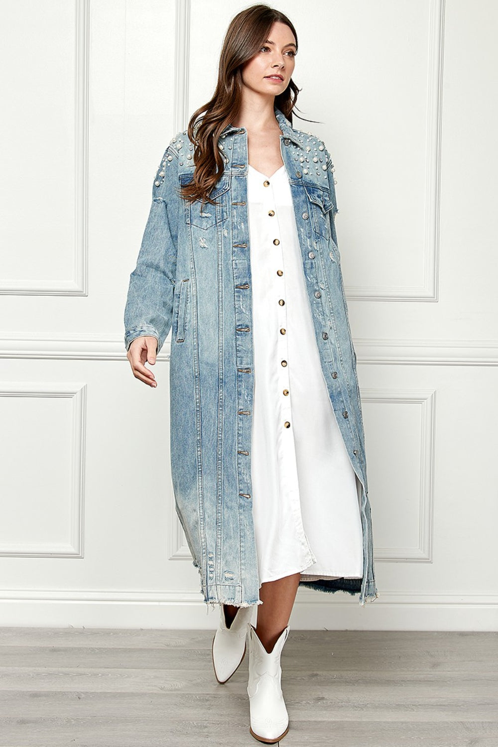 Veveret Full Size Distressed Raw Hem Pearl Detail Button Up Jacket - Premium  from Trendsi - Just $70.88! Shop now at noTORIous + co