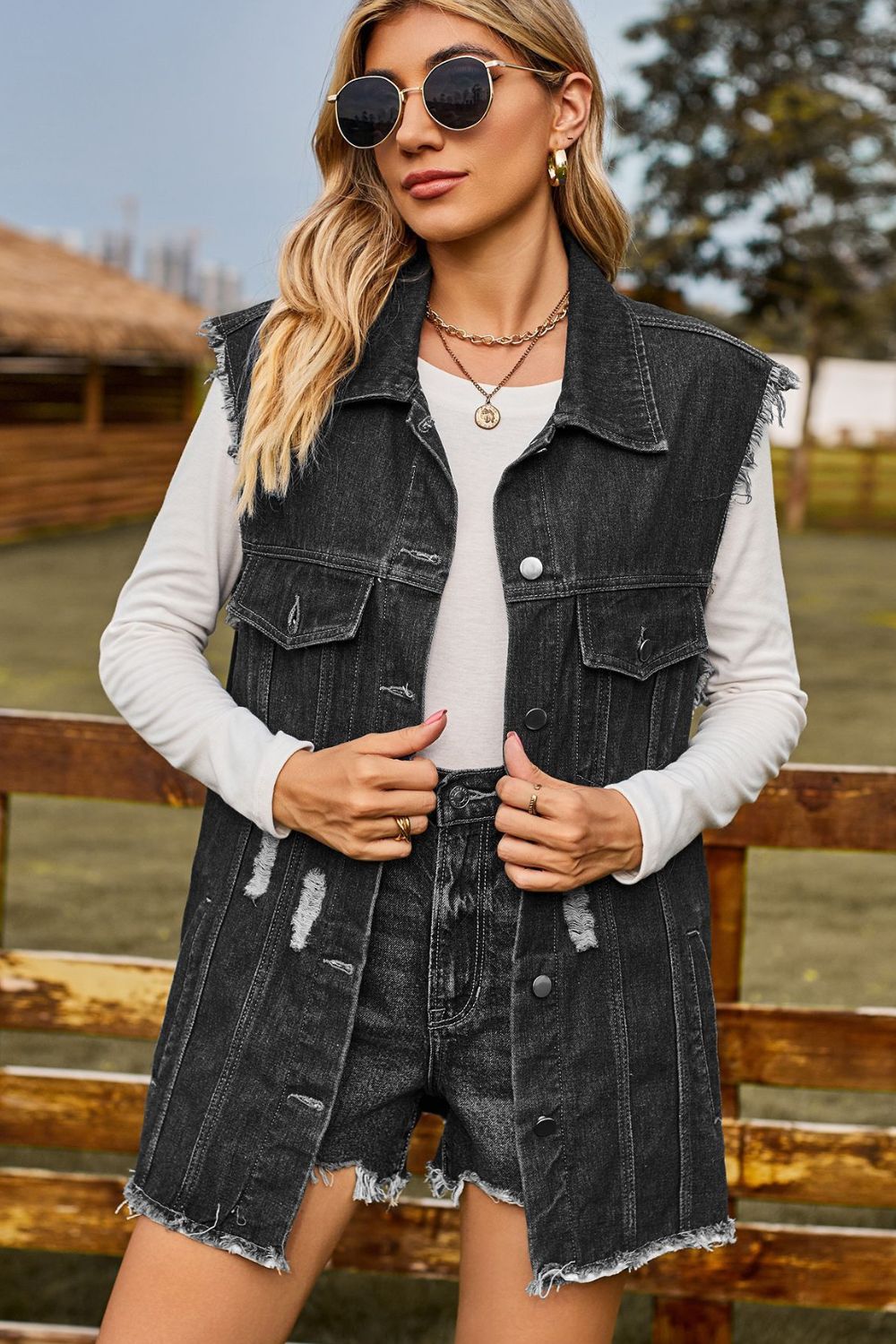 Sleeveless Button-Up Collared Denim Top with Pockets - Premium Jacket from Trendsi - Just $45! Shop now at noTORIous + co