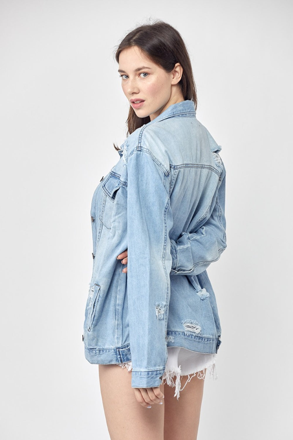 RISEN Full Size Distressed Long Sleeve Denim Jacket - Premium  from Trendsi - Just $61.70! Shop now at noTORIous + co