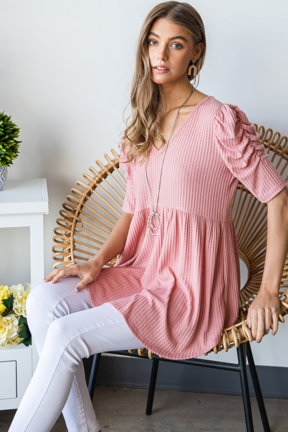 Heimish Full Size Waffle V-Neck Babydoll Top - Premium  from Trendsi - Just $33.18! Shop now at noTORIous + co