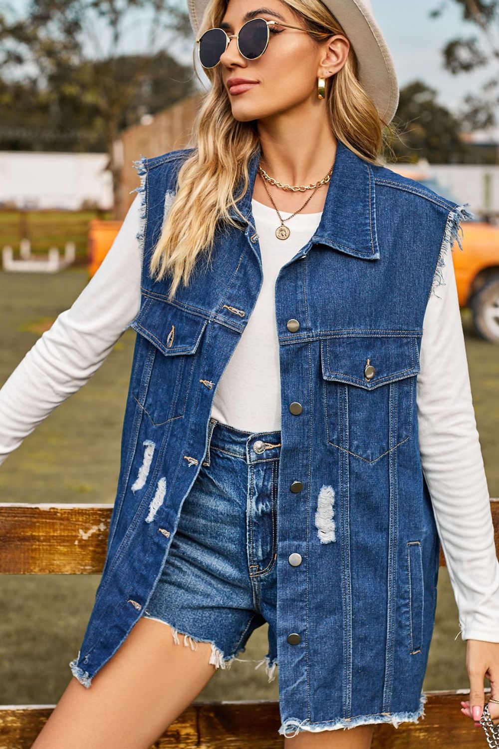 Sleeveless Button-Up Collared Denim Top with Pockets - Premium Jacket from Trendsi - Just $45! Shop now at noTORIous + co