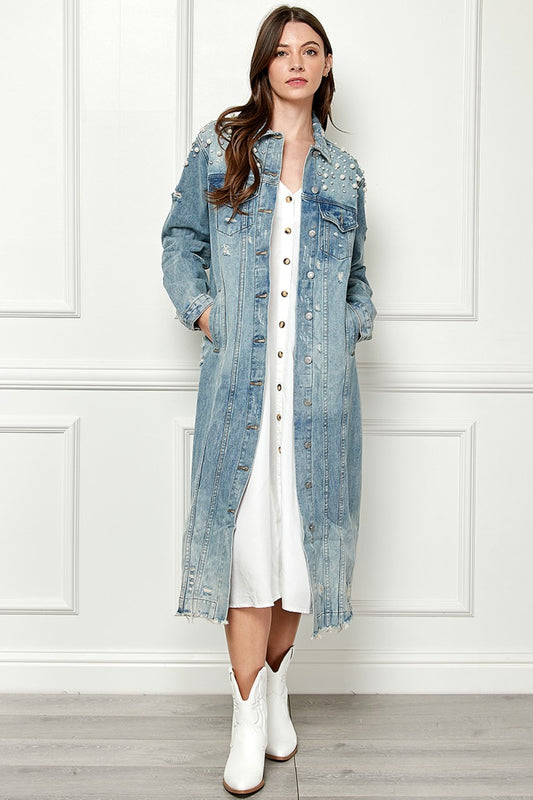 Veveret Full Size Distressed Raw Hem Pearl Detail Button Up Jacket - Premium  from Trendsi - Just $70.88! Shop now at noTORIous + co