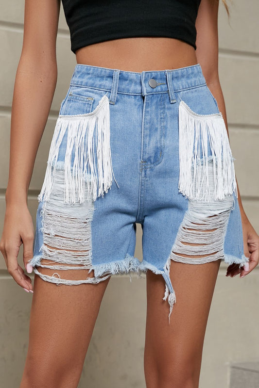 Fringe Trim Distressed Denim Shorts with Pockets - Premium Shorts from Trendsi - Just $29! Shop now at noTORIous + co