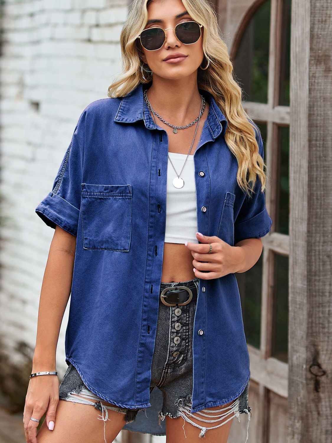 Collared Neck Denim Jacket with Pockets - Premium Tops from Trendsi - Just $34.00! Shop now at noTORIous + co