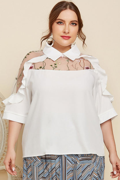 Plus Size Embroidered Ruffle Trim Collared Half Sleeve Blouse - Premium Tops from Trendsi - Just $28.00! Shop now at noTORIous + co