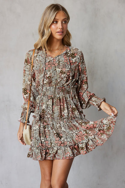 Floral Smocked Tie-Neck Frill Trim Dress - Premium Dresses from Trendsi - Just $37.00! Shop now at noTORIous + co