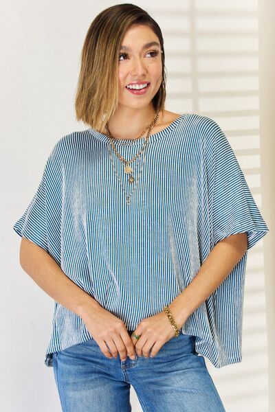 Zenana Striped Round Neck Half Sleeve T-Shirt - Premium Blouse from Trendsi - Just $16! Shop now at noTORIous + co