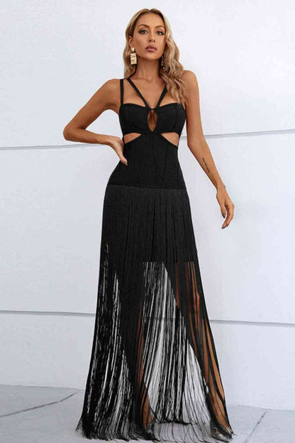 Cutout Strappy Neck Fringe Dress - Premium Dresses from Trendsi - Just $115! Shop now at noTORIous + co