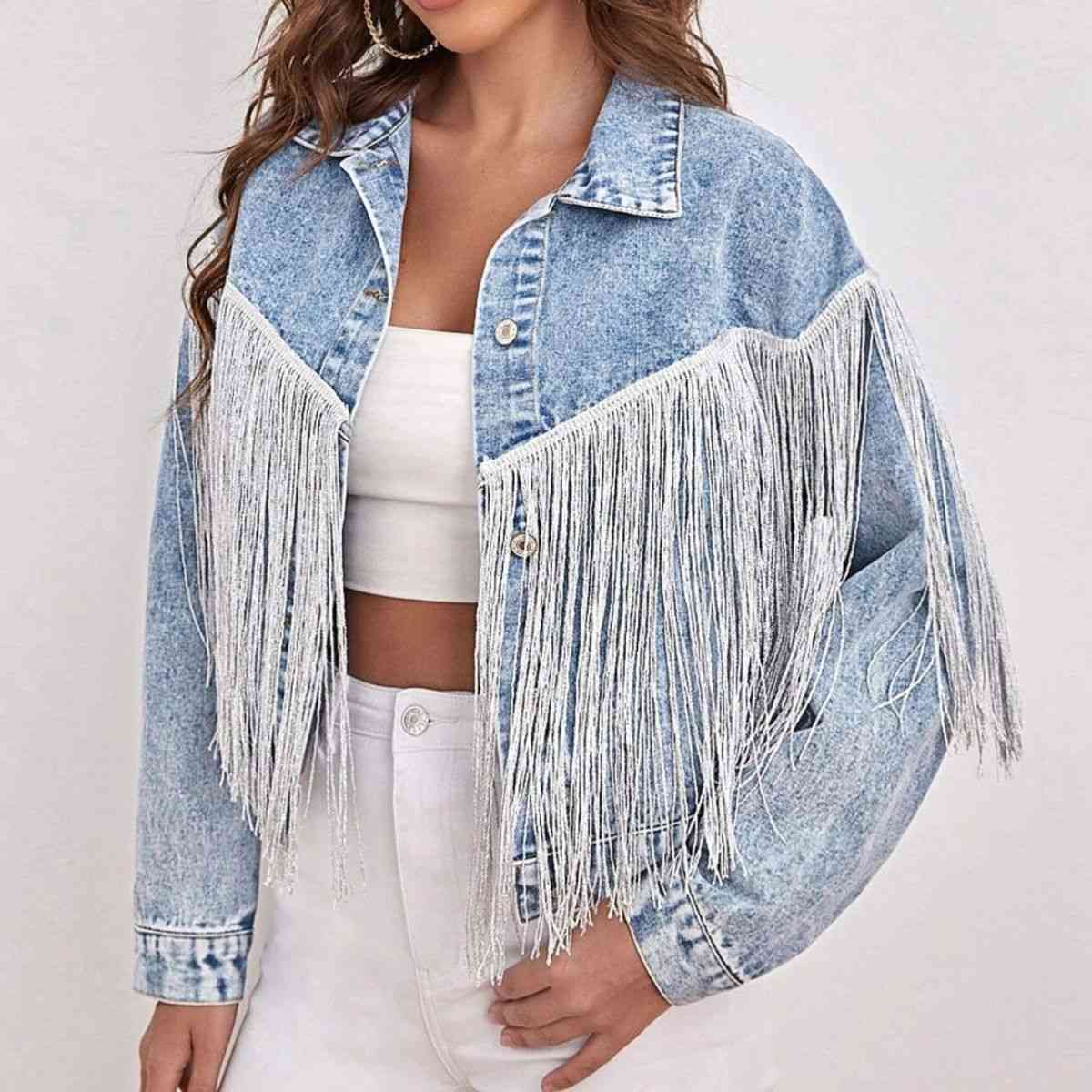 Fringe Detail Collared Neck Long Sleeve Denim Jacket - Premium Tops from Trendsi - Just $55! Shop now at noTORIous + co