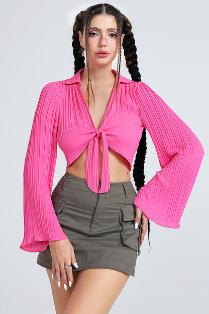 Tie Front Johnny Collar Flare Sleeve Cropped Top - Premium  from Trendsi - Just $28.00! Shop now at noTORIous + co