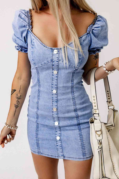 Buttoned Short Puff Sleeve Denim Bodycon Dress - Premium Dresses from Trendsi - Just $54! Shop now at noTORIous + co
