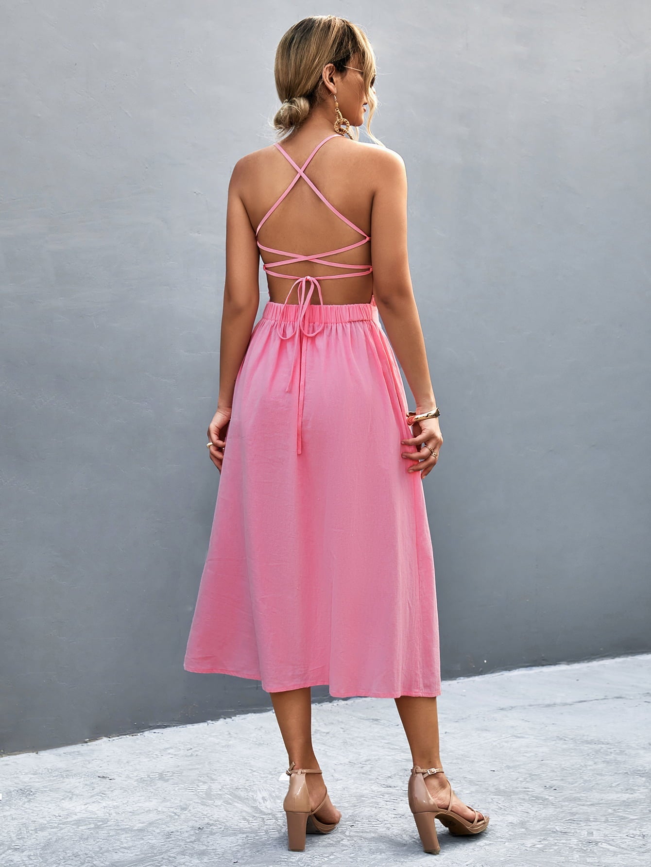 Buttoned Halter Neck Frill Trim Midi Dress - Premium  from Trendsi - Just $28.00! Shop now at noTORIous + co