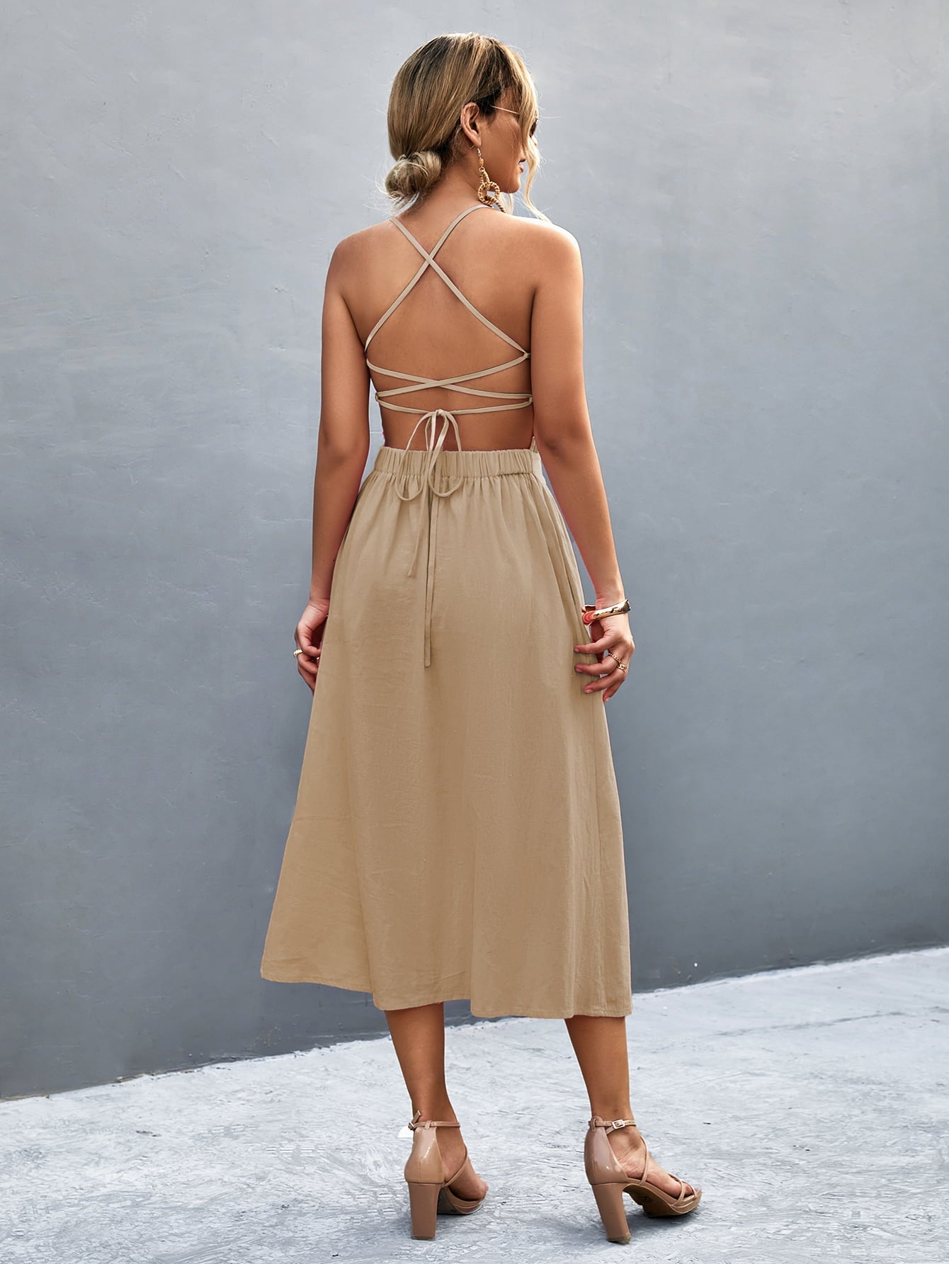 Buttoned Halter Neck Frill Trim Midi Dress - Premium  from Trendsi - Just $28.00! Shop now at noTORIous + co