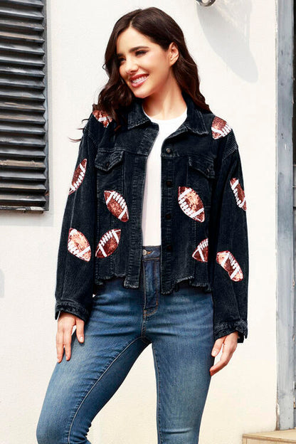 Football Sequin Raw Hem Collared Neck Jacket - Premium Tops from Trendsi - Just $52! Shop now at noTORIous + co
