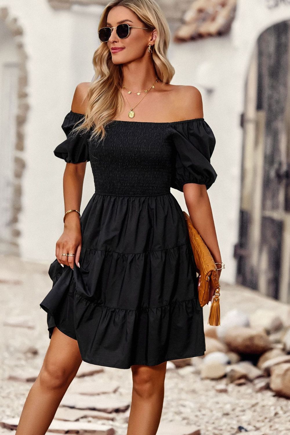 Balloon Sleeve Square Neck Smocked Midi Dress - Premium  from Trendsi - Just $33.00! Shop now at noTORIous + co