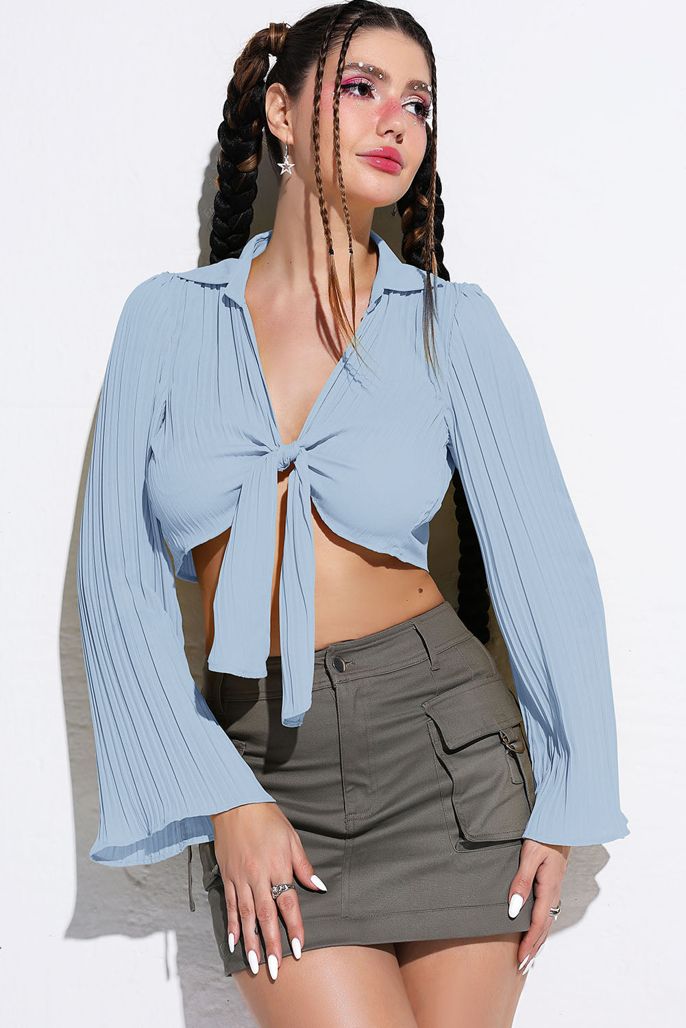 Tie Front Johnny Collar Flare Sleeve Cropped Top - Premium  from Trendsi - Just $28.00! Shop now at noTORIous + co
