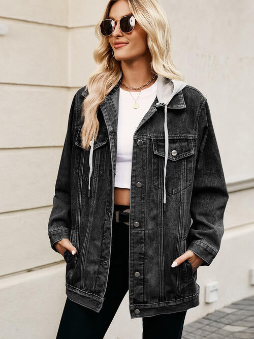 Drawstring Button Up Hooded Denim Jacket - Premium Jacket from Trendsi - Just $65! Shop now at noTORIous + co