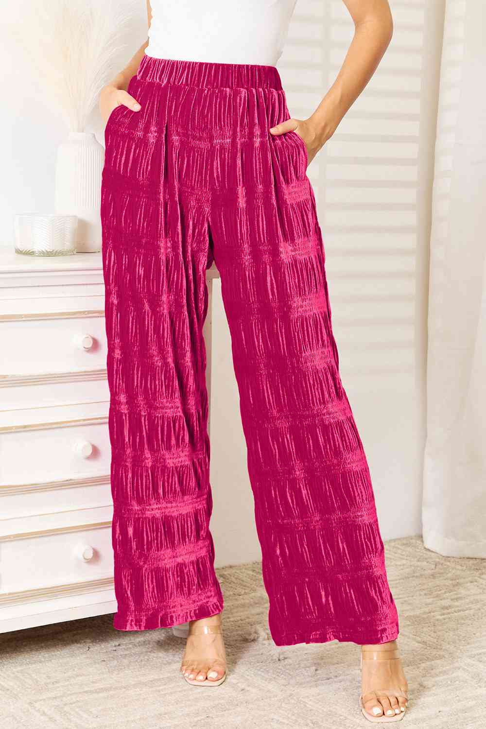 Double Take Full Size High Waist Tiered Shirring Velvet Wide Leg Pants - Premium  from Trendsi - Just $33! Shop now at noTORIous + co