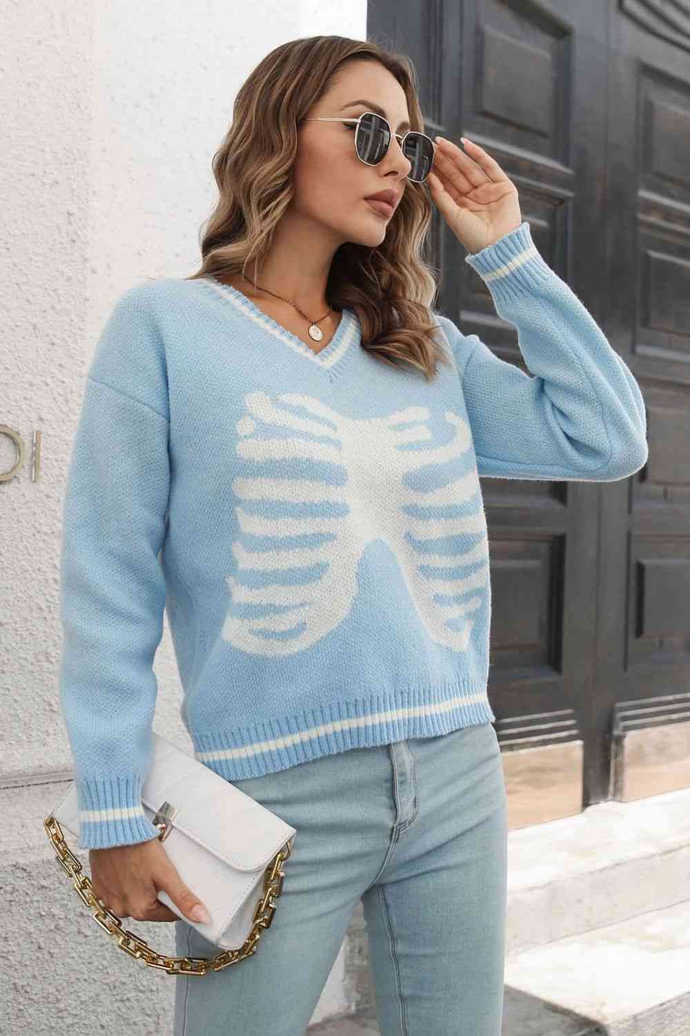 Skeleton Pattern V-Neck Long Sleeve Pullover Sweater - Premium  from Trendsi - Just $29! Shop now at noTORIous + co